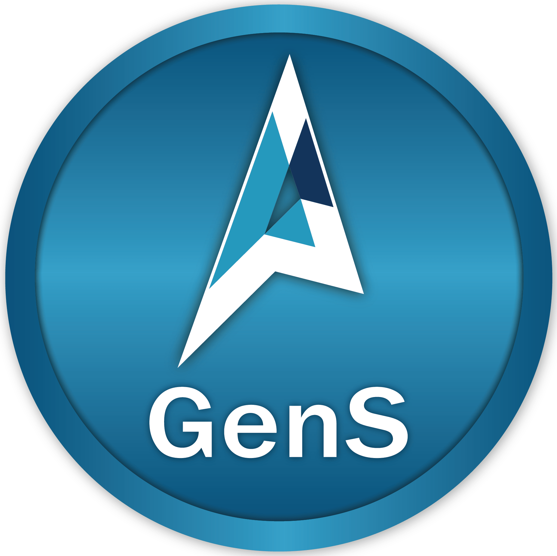 A blue circular logo with the white text “GenS” and an orange upward arrow. The logo has a glossy appearance due to a gradient effect. The text “R4i” is bold and capitalized, and an orange arrow points upwards to the right of the text. Overall, the design suggests technology or innovation.