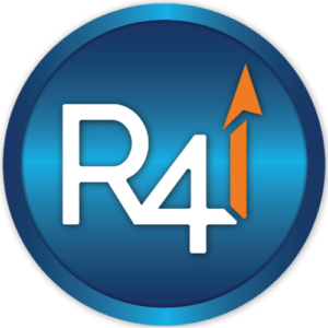 A blue circular logo with the white text “R4i” and an orange upward arrow. The logo has a glossy appearance due to a gradient effect. The text “R4i” is bold and capitalized, and an orange arrow points upwards to the right of the text. Overall, the design suggests technology or innovation.