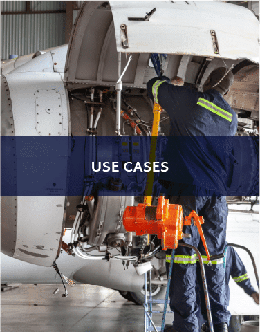 An image of a man maintaining an aircraft. There is a blue banner with white text over it, with the words "Use Cases" on it.