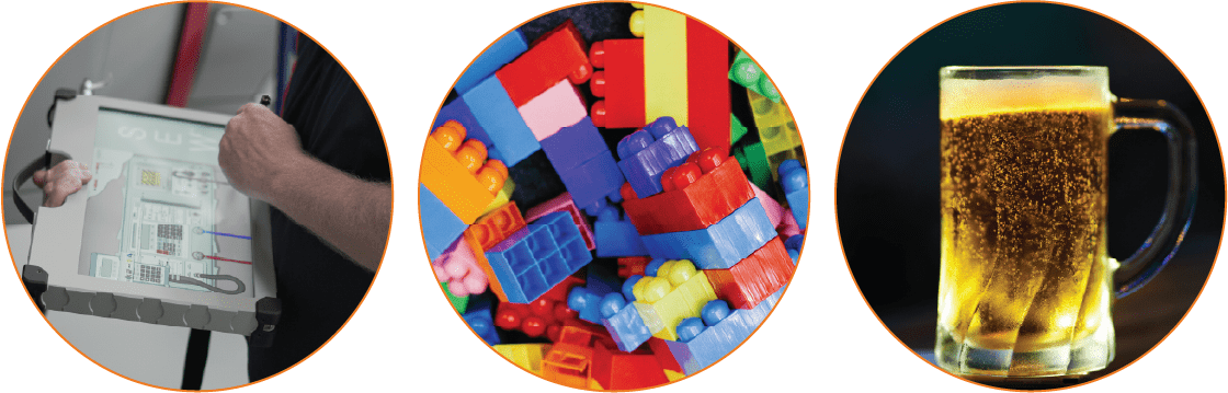 3 image circles, one with a man working on a touch pad, one of colourful lego and one of a cold glass of beer