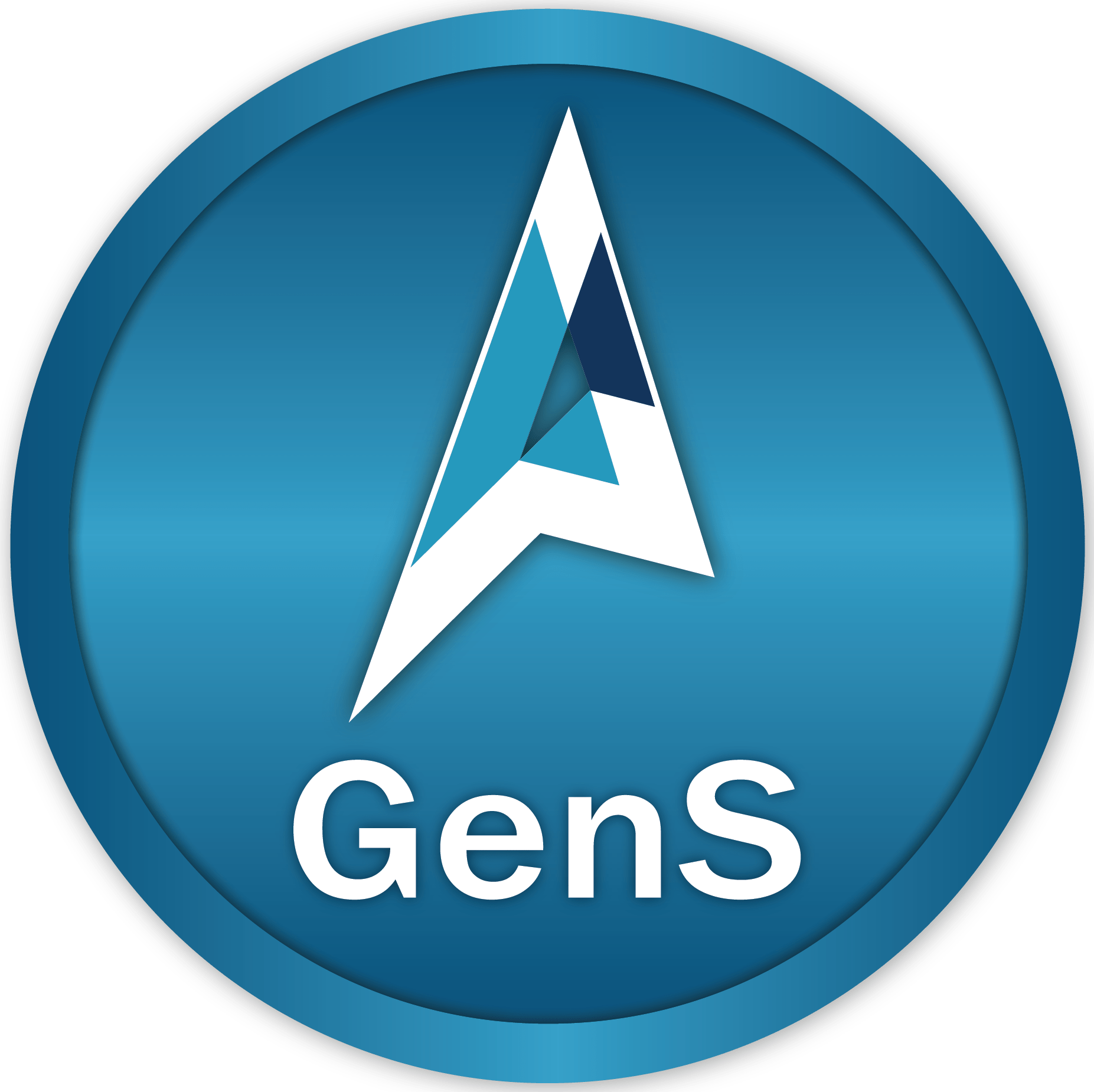 A blue circular logo with the white text “GenS” and an orange upward arrow. The logo has a glossy appearance due to a gradient effect. The text “R4i” is bold and capitalized, and an orange arrow points upwards to the right of the text. Overall, the design suggests technology or innovation.