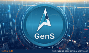 Part 1: Project Configuration with GenS 3.0 1 A promotional visual of a city with glowing light beams flashing up. Overlaid on the image is a large circular logo of GenS.