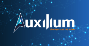 A blue banner with a plexus graphic and with the word Auxilium in white letters.