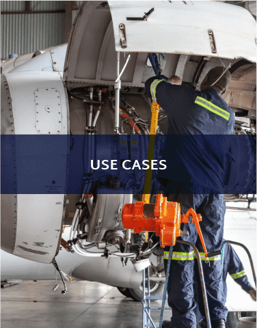 An image of a man maintaining an aircraft. There is a blue banner with white text over it, with the words "Use Cases" on it.