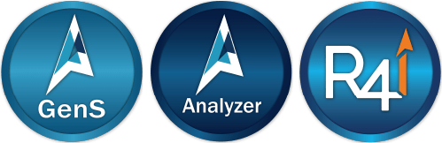 The circular logos in various shades of blue. There is a subtle differences between them. There are the words "Analyzer", "GenS," and "R4i on these three circles in a row.