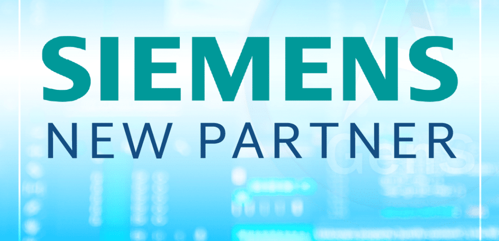 Global Partner Appointed – Siemens 33 A light blue background with lights and techy interface, with the siemens logo overlaid