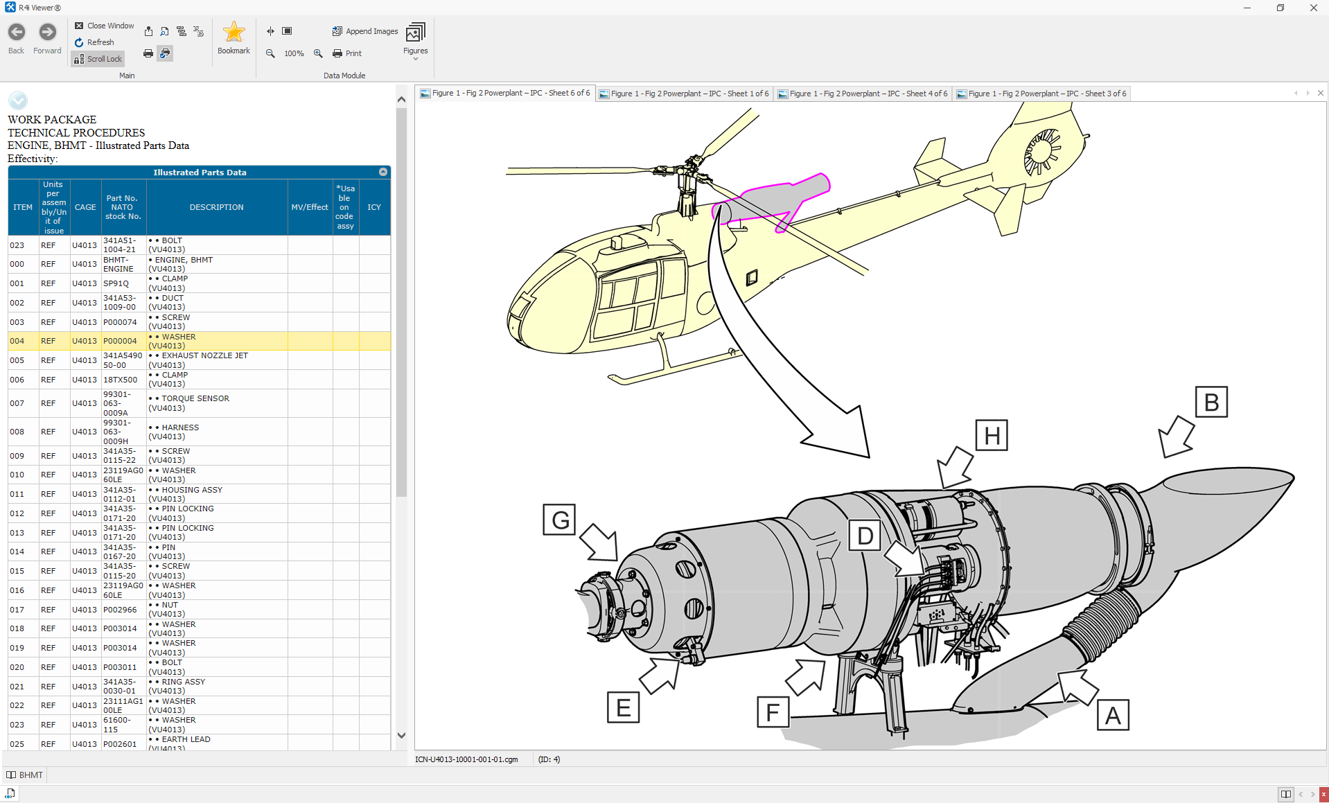 A screengrab of a data sheet with fields of data and numbers and two schematic illustrations of a helicopter and engine